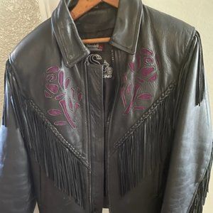 Leather King Black Motorcycle Fringe Jacket with Purple Flower detail